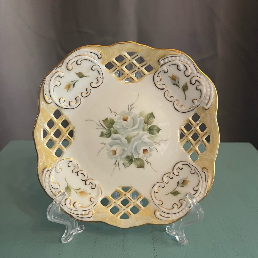 Bosnich, Porcelain Plate Small Trinket Dish White Floral Print Gold Trim 4"